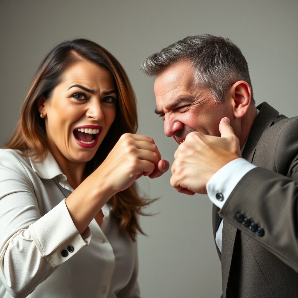 Mature attractive business woman punching a man in the face, the fist is hitting his angry face and making strong impact, he looks visually disturbed, her fist is physically touching his face as she is knocking his teeth out.