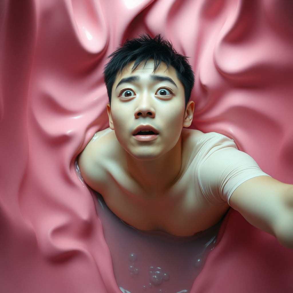 View from above. Young Korean man stuck in a tight space. Only his head and torso are visible. The walls of the space are undulating, pink, wet, and engulfing his body. He has a surprised expression.