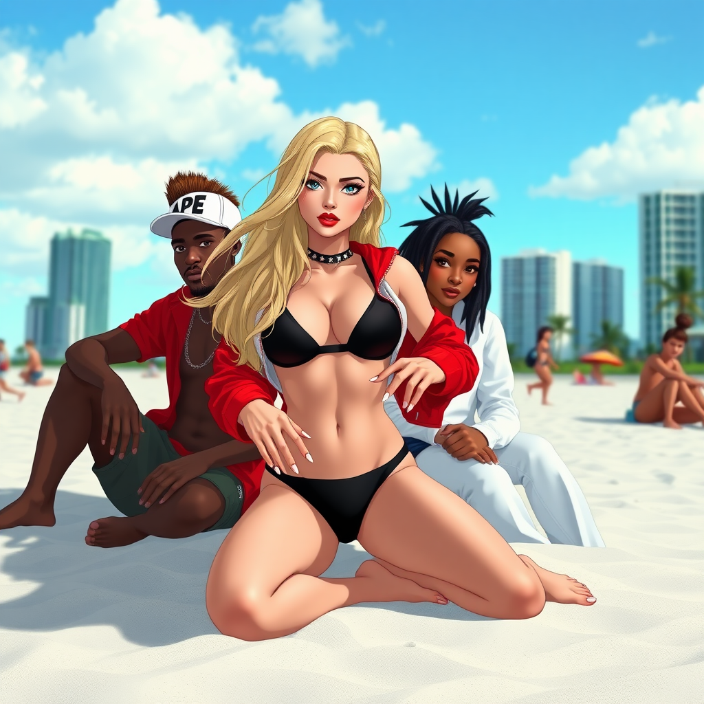 Anime In the vibrant setting of Miami Beach, Florida, a 19-year-old white woman with long, flowing blonde hair is striking a bold pose. She wears a micro-black bikini and a g-string thong, paired with a red-and-white Bape hoodie. Her red lips and white nails add to her edgy, stylish look. She sits confidently on the sandy shore next to a dark-skinned male with dreadlocks on her right. On her left next to her, there's a white skin-Latino male with a brown fohawk hair and a sideways cap, exuding a relaxed vibe. Also present is a Latina woman with a brown ponytail named Lucia, adding to the lively and diverse scene. The city skyline can be seen in the background, adding an urban touch to the beach setting.