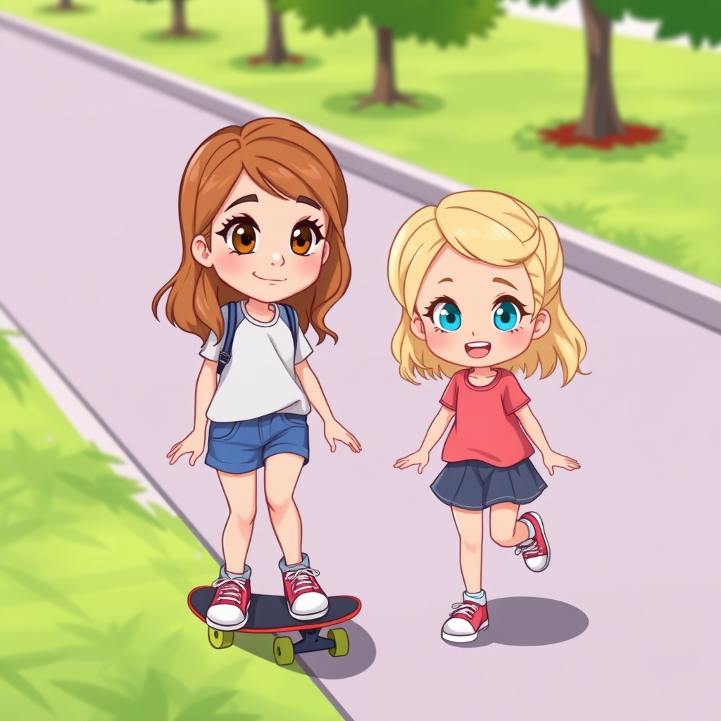 Two cartoon sisters, one a teen with light brown hair and hazel eyes and the other an elementary aged kid with blonde hair and blue eyes, playing with a skateboard on a sidewalk.