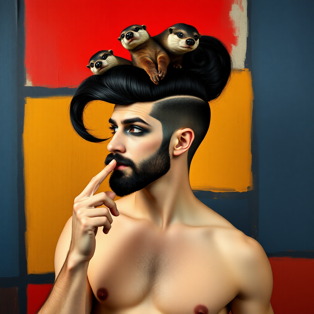 The background is a painting by Mondrian with red, blue, yellow, and white. A 4K hyper-realistic photograph in the style of Kandinsky, blending surrealism with kitsch. The subject is a man with an extravagant, French black haircut, styled in a flamboyant bun, paired with a sexy, masculine look. He sports a neatly groomed, three-day beard — short, evenly distributed, with a light shadow effect across the chin, jawline, and cheeks. His makeup is dramatic, like a drag queen, adding to the boldness of his appearance. He has a muscular, athletic build. He is naked with sexy nipple covers, standing confidently; his pose is that of a pin-up woman with a finger in his mouth. Above him, smaller otters rest playfully on his head.