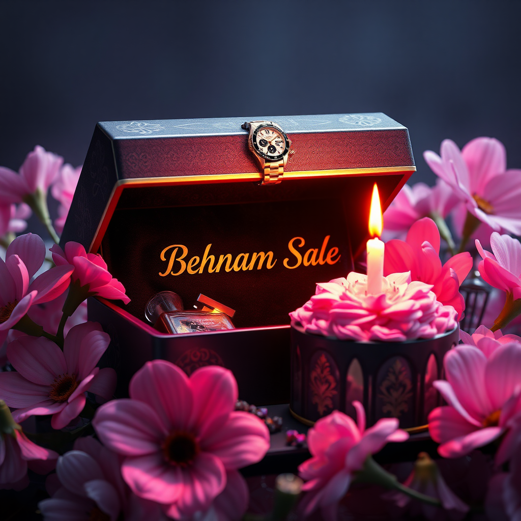 ### **Title:**
**"Behnam Saleh's Exquisite Birthday Gift"**

### **Artistic Vision:**
Create a mesmerizing digital art masterpiece that seamlessly blends hyper-realistic detail with a vibrant, cinematic atmosphere. The artwork should evoke a lasting emotional impact, inviting viewers to explore themes such as the delicate balance between luxury and personalization, and the joy of gifting. This piece aims to captivate audiences with its elegance, sophistication, and profound symbolic resonance, making it the perfect visual representation of a memorable birthday present.

### **Scene Description:**
Depict an exquisitely crafted gift box adorned with intricate detailing, prominently featuring the name "Behnam Saleh" in a sleek, modern font. The box should appear partially open, revealing a collection of luxurious and personalized items inside, including a high-end watch, an elegant eau de parfum bottle, and a small, beautifully decorated birthday cake with a lit candle displaying the number **47**. Surround the box with delicate pink primroses and daisies, creating a striking contrast against the box's dark, velvety interior. Ensure that the additional elements are thoughtfully arranged to maintain a clean and uncluttered scene while enhancing the overall sophistication and allure. Employ hyper-realistic rendering techniques to add depth and dimension. Embrace a neon-infused, dark fantasy aesthetic to create a visually stunning and emotionally evocative scene.

### **Key Artistic Elements:**
- **Lighting & Atmosphere:** Utilize neon lighting to create a cinematic and conceptual ambiance, blending vibrant colors with dark fantasy elements.
- **Color Contrast:** Achieve a stunning contrast between the bright pink flowers and the dark interior, emphasizing the focal points.
- **Textures:** Incorporate varied textures, from the sleek surfaces of the luxury items and the smooth glass of the eau de parfum to the intricate detailing of the gift box and the delicate icing on the birthday cake, enhancing tactile realism.
- **Composition:** Employ off-center placement for the box and its contents to guide the viewer's eye through the scene, balancing intimate close-ups with the broader setting. Ensure that the watch, eau de parfum, and birthday cake are harmoniously arranged to avoid clutter while highlighting each item’s elegance.
- **Symbolism:** Infuse the artwork with subtle symbolic motifs that provoke contemplation on themes like the joy of giving, the value of meaningful gifts, and the personalization of luxury.

### **Technical and Artistic Specifications:**

- **Resolution & Display:**
  - Render in stunning **8K UHD** resolution, ensuring crisp detail and vibrant colors suitable for high-profile platforms like ArtStation and Behance.

- **Digital Art Techniques:**
  - Utilize advanced software such as **Corel Painter**, **ZBrush**, and **Adobe Photoshop** to achieve exceptional 3D volume, precise shading, and ultra-fine detailing.

- **Materials & Textures:**
  - Incorporate high-quality digital pigments, metallic flakes, and glass bead effects to ensure textures appear vibrant and dynamic under various lighting conditions.

- **Lighting & Depth:**
  - Implement a tranquil chiaroscuro effect with a subtle interplay of light and shadow, enhancing depth and clarity.
  - Use soft, delicate colors complemented by nuanced shades of grey, black, and white to add depth without overwhelming the scene.

- **Rendering Quality:**
  - Apply advanced rendering techniques and 3D volumetric effects for unparalleled detail and sharpness.
  - Include hyper-realistic pencil sketch textures to emphasize intricate details.

- **Composition & Focus:**
  - Emphasize gentle, lifelike depth and striking details with a cinematic close-up approach.
  - Use a balanced **f/11 aperture** and a raw photographic style with advanced v6 enhancements to render vivid colors and minute details at an unparalleled level of realism.

- **Overall Harmony:**
  - Achieve maximum harmony across all elements, resulting in a balanced and cohesive composition that captivates both technically and emotionally.

### **Additional Elements to Include:**
- **Symbolism:** Integrate subtle gestures, expressions, or symbolic motifs to add deeper emotional resonance, encouraging viewers to reflect on the depicted themes.
- **Detailing:** Ensure impeccable draughtsmanship with flawless precision in the luxury items, botanical accuracy in the primroses and daisies, and intricate decoration on the birthday cake.
- **Lighting Effects:** Utilize the interplay of light and shadow to evoke lifelike realism and enhance the dreamlike atmosphere.
- **3D Volumetric Effects:** Add depth and spatial qualities to create a more immersive visual experience.
- **Hyper-Realistic Textures:** Ensure all textures appear tactile and vibrant, enhancing the overall realism of the artwork.

### **Final Outcome:**
The final artwork should be a compelling masterpiece that captivates viewers, encouraging them to pause and reflect long after experiencing it. It should demonstrate peerless technical mastery combined with a profound artistic vision, affirming art's vital role in cultural and intellectual life. The signature on the piece should signify its stature, standing proudly alongside works by history’s masters.