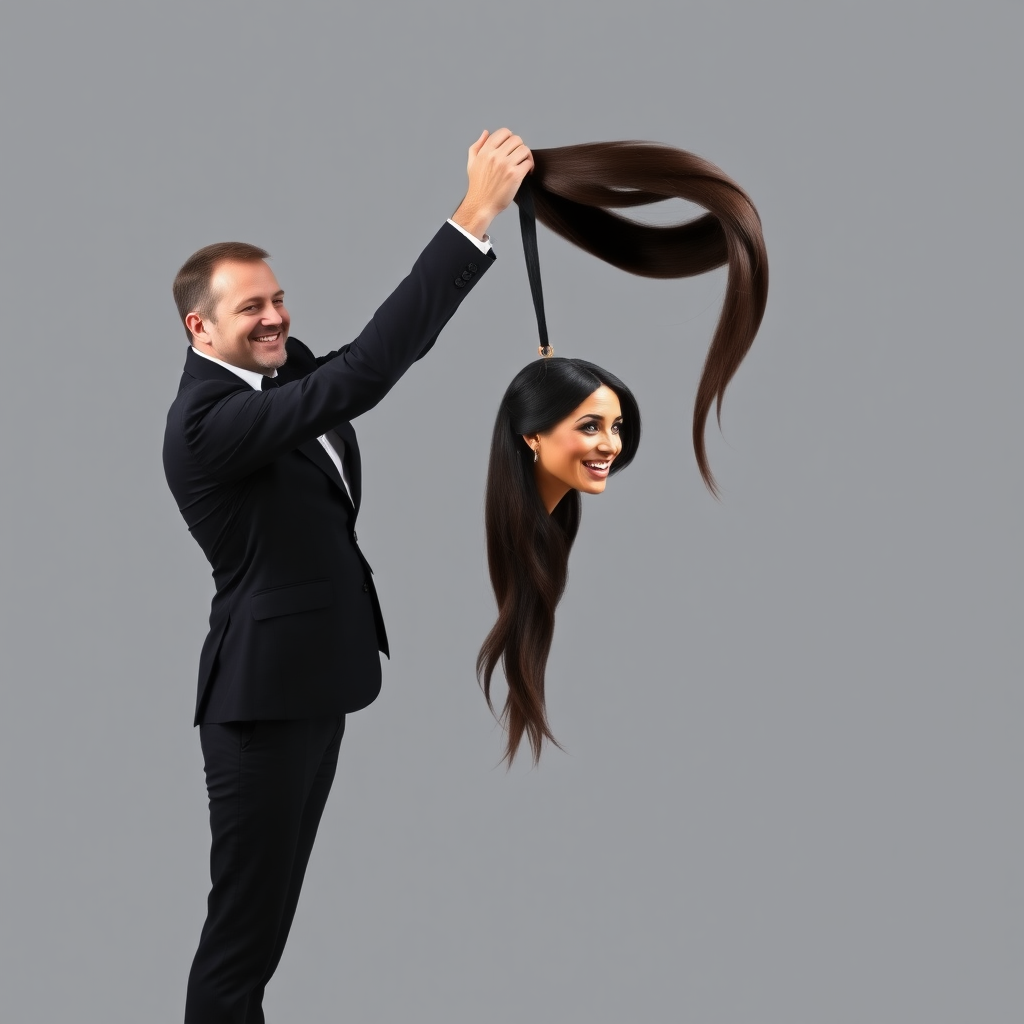 A surreal image of a smiling male magician standing to the side while holding up the disembodied head of a very long haired Meghan Markle by her hair to display it to the camera. He is grabbing her very long hair and pulling it up high in the air, while her head is hanging by her hair from his grasp. Plain gray background.