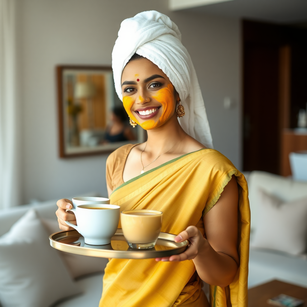 slim, 30 year old, indian Bride, towel head, turmeric face mask, saree. She is smiling and serving coffee on a tray in living room.