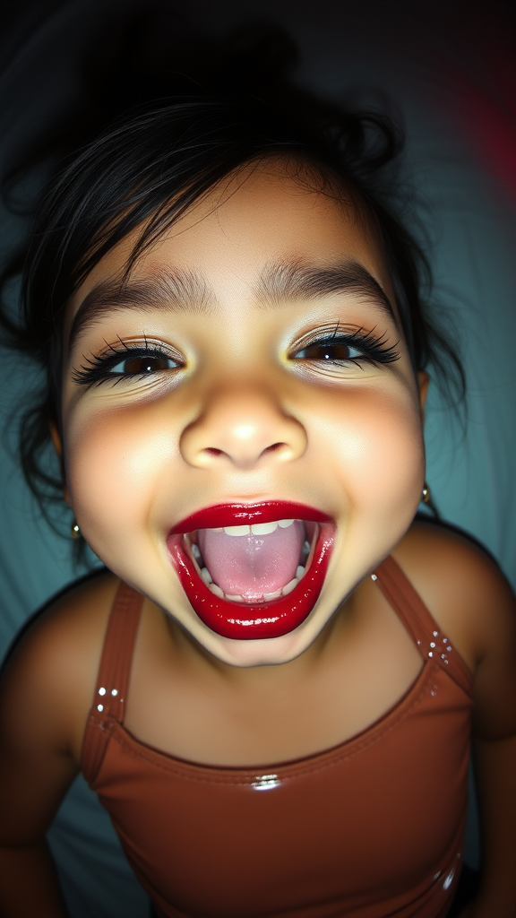 four-year-old-latina-female-child that has extremely big lips. She is wearing intense-glitter-eyeshadow, thick-winged-eyeliner with very-dramatic-eyeliner-wings, and dark-burgundy-glossy-lipstick. She is wearing a tight-glossy-latex-sleeveless-crop. Her mouth is open, eyes half-closed. She is happy. Fish-eye-lens, laying in a dark motel room, amateur flash photography.