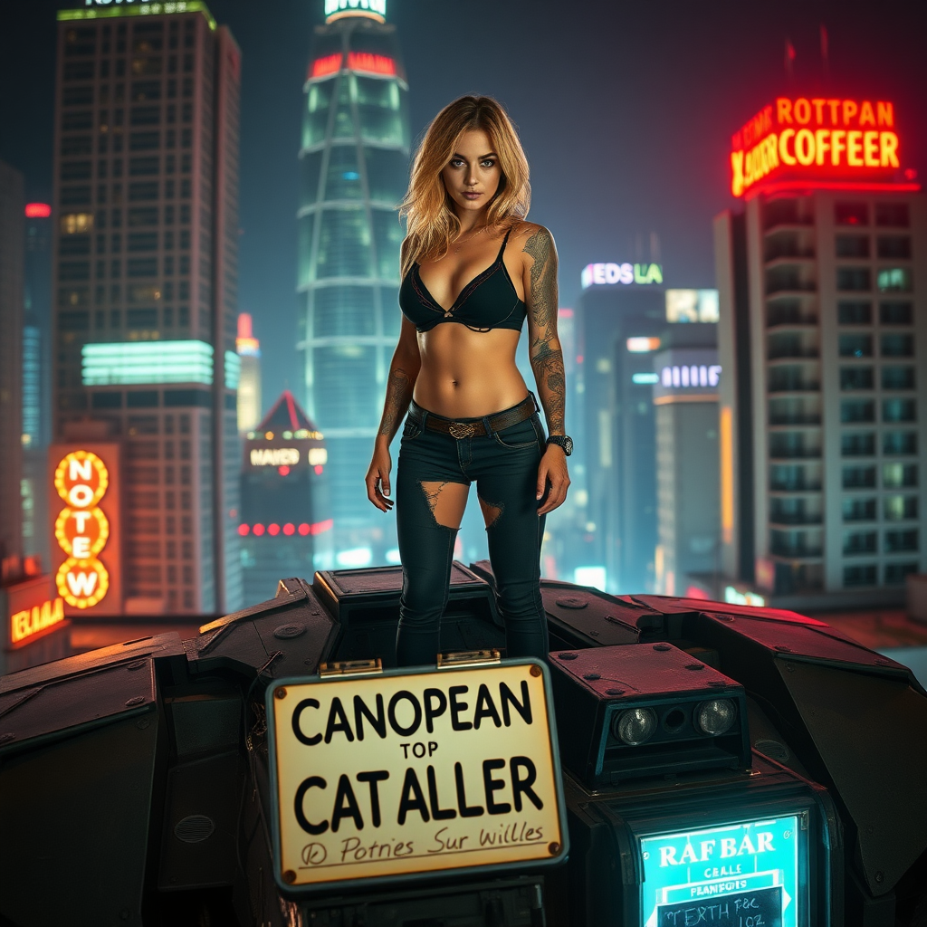 A distance shot of a woman like Ana de Armas (young, tattoos, athletic, strawberry blonde hair) standing on top of a battlemech inside a modern neon city. Rooftop bar nearby with "Canopean Catcaller" sign in front of the door.