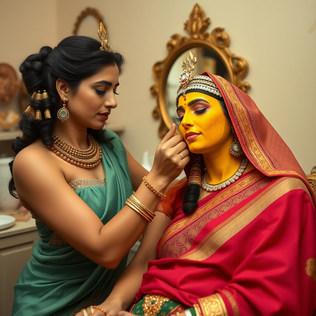 Cleopatra, working in a beauty parlour, giving a turmeric facial to a rich, traditional Indian wife.