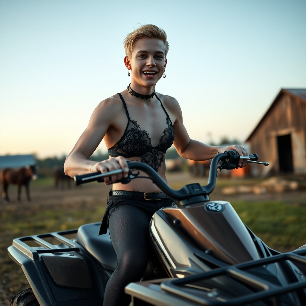 photorealistic, ultra high resolution, 16K, surreal fantasy, soft studio lighting, Caleb Swift is a pretty 16 year old goth male, slim male physique, blonde hair, blue eyes, goth makeup, earrings, sparkling blue-gray pantyhose, black lacy trainer-bra, stilettos, spikey neck collar, riding a quadbike in the farm yard during daytime, excited open mouth smile, bulging male crotch, full body in wide view facing the camera.