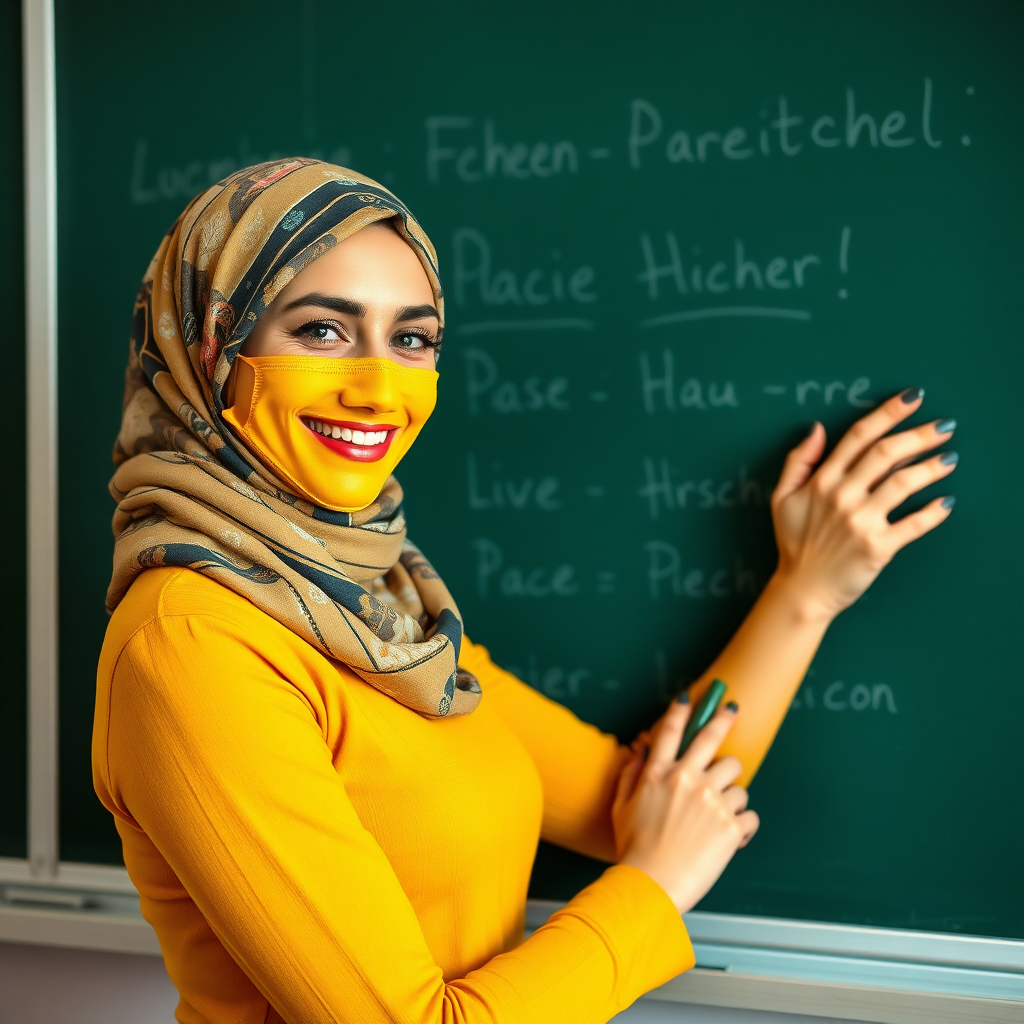 slim, 30 year old, sexy, french female school teacher, scarf head, turmeric face mask. She is smiling and teaching on a blackboard