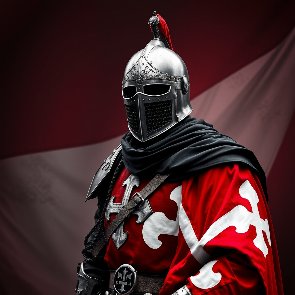 A knight of the Teutonic Order in black, white, and red colors, the background in black, white, and red colors. Realistic photo.