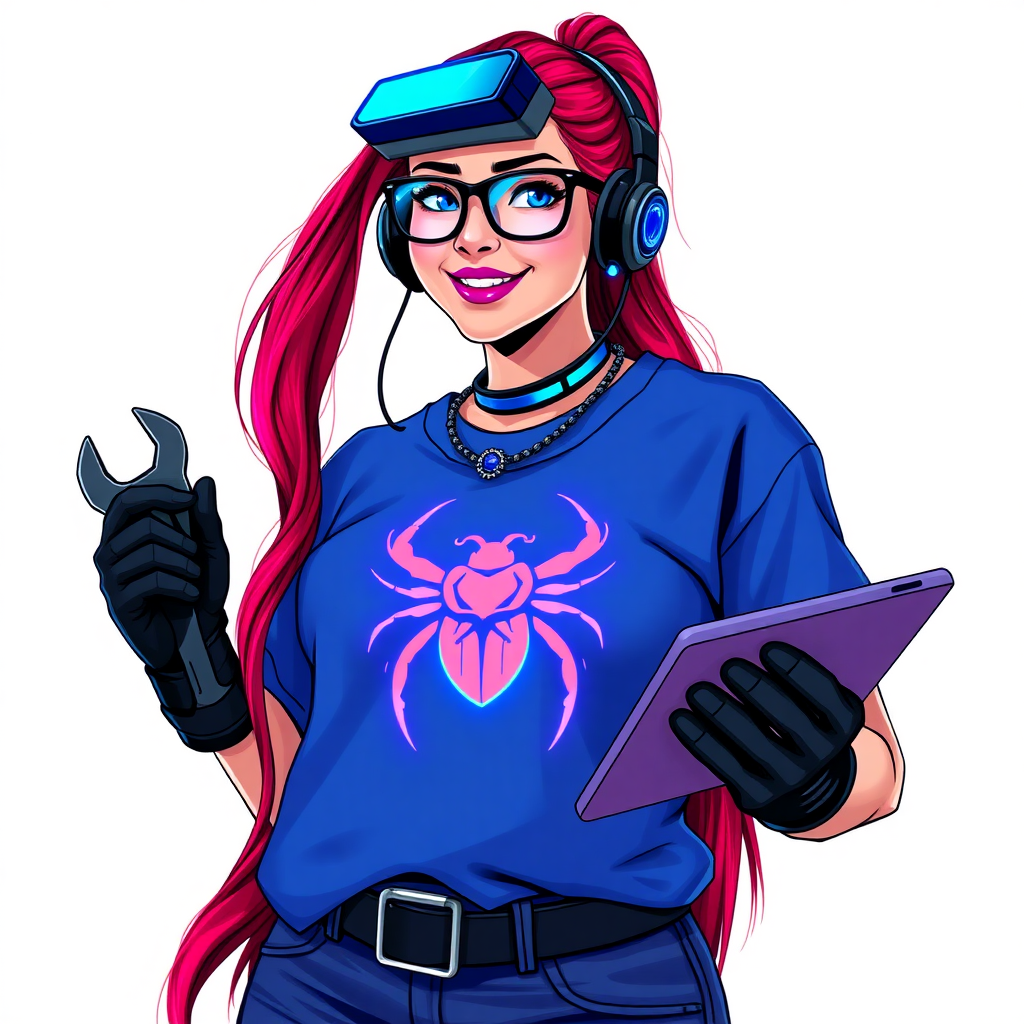 An intelligent and tech-savvy 29-year-old computer hacker and tech genius. She has a long ruby red ponytail. She wears maximum blue lipstick, blue eyes, a sapphire beetle gemstone necklace, sapphire earrings, black eyeglasses, hi-tech power gloves, and an oversized maximum blue t-shirt featuring a neon blue glowing beetle chest icon. She has a gargantuan full-figured physique with a prominent round gargantuan midsection, reflecting her well-cared-for lifestyle. She sports a sapphire headset with a hi-tech maximum turquoise lensed HUD, and a beaming smile accentuated by a passionate neon red blush. She serves as his tech expert from his hideout, holding a futuristic tool wrench and a futuristic digital tablet. The background is solid white. She is drawn as if she was in a retro 2D cyberpunk fighting game.