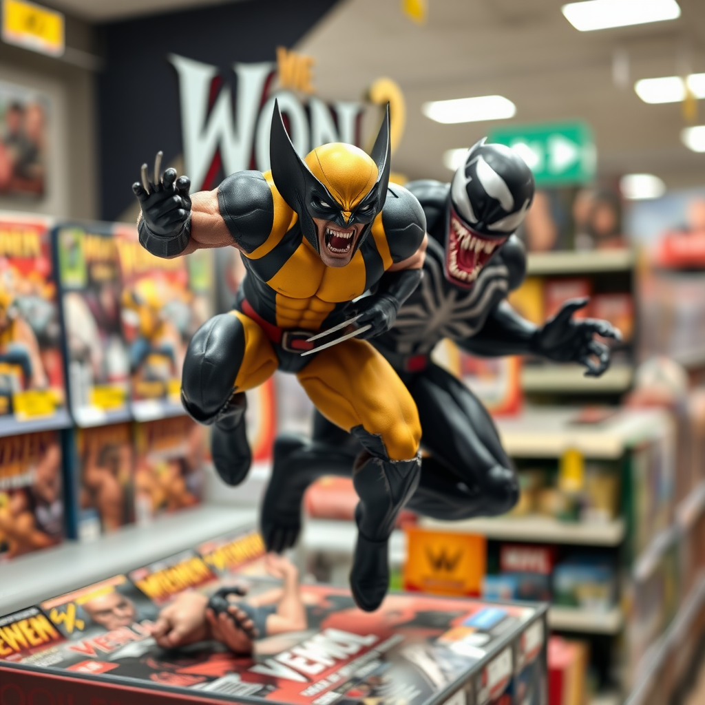 Jumping out of a Comic book cover on a store shelf is Wolverine and Venom with in Cinematic Real3D photo-realistic quality.