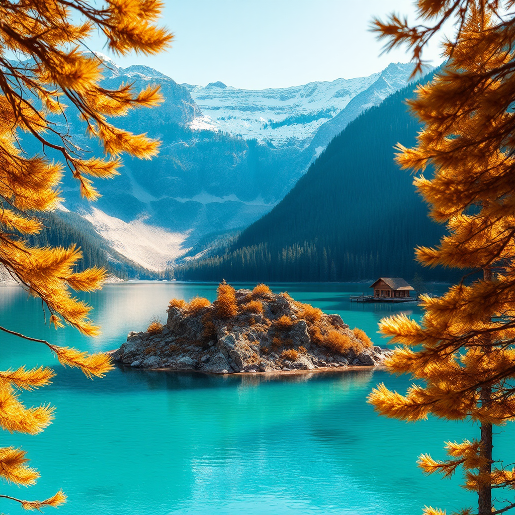 A serene mountain landscape featuring a tranquil lake with crystal-clear turquoise waters. The scene is framed by golden-brown coniferous trees, whose leaves shimmer softly in the dappled sunlight. Nestled in the foreground, a rocky island rises from the lake, covered with earthy tones, contrasting against the water's vibrant hue. In the background, majestic mountains loom, their peaks dusted with snow and their slopes adorned with dense, dark green forests. A quaint wooden structure is visible along the shoreline, hinting at human presence against the wild backdrop. The overall aesthetic is hyperrealistic, capturing intricate details of nature, with a palette of soft blues, earthy browns, and hints of golden sunlight piercing through the trees.