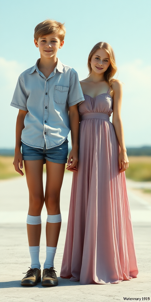 A 13yo teen boy, wearing shirt, denim tight booty shorts, tube socks, shoes, long legs, narrow thighs. With a beautiful girl wearing floor long dress. full-length view. 1980s. 
photorealistic, ultra high resolution, 16K,
Negative: grainy, blurry, bad anatomy, extra limbs, watermark.