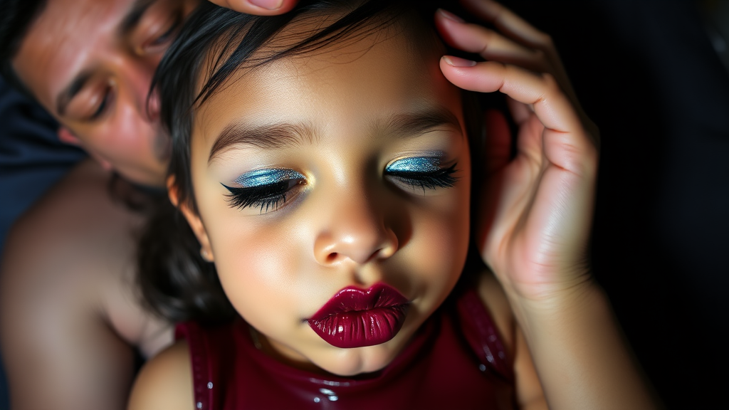 four-year-old-latina-female-child that has extremely big lips.  
She is wearing intense-blue-glitter-eyeshadow, thick-winged-eyeliner with very-dramatic-eyeliner-wings, and dark-burgundy-glossy-lipstick.  
She is wearing a tight-glossy-latex-sleeveless-crop.  
Her lips are puckered and her eyes are half closed.  
A man is holding her head.  
Fish-eye-lens, laying in a dark motel room, amateur flash photography.