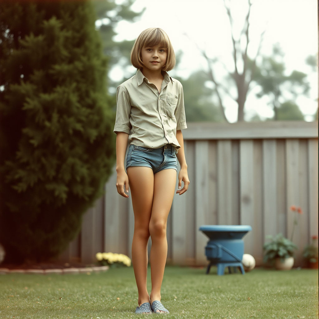 tall 14yo teen boy, long hair bob cut, wearing shirt and very tight booty shorts, long legs, narrow thighs, full-length front view. 1970s. Playing at backyard.
photorealistic, ultra high resolution, 16K,
Negative: grainy, blurry, bad anatomy, extra limbs, watermark.