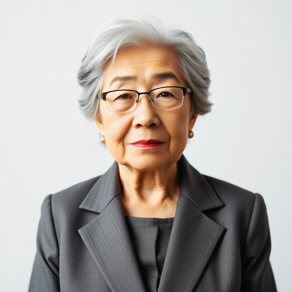 70 age old korean woman, front, woman suit, photo studio background, black and white hair, without glasses