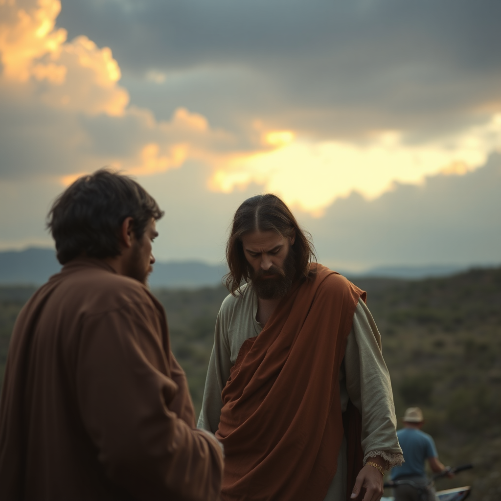 young man goes away from Jesus with anger and Jesus face is downcast