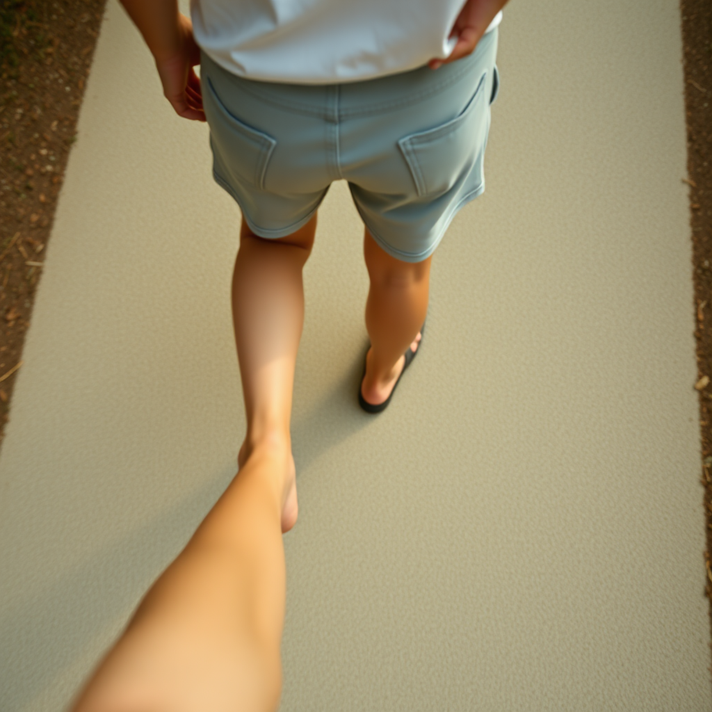 first person view from above, short shorts, bare long slender legs, walking,