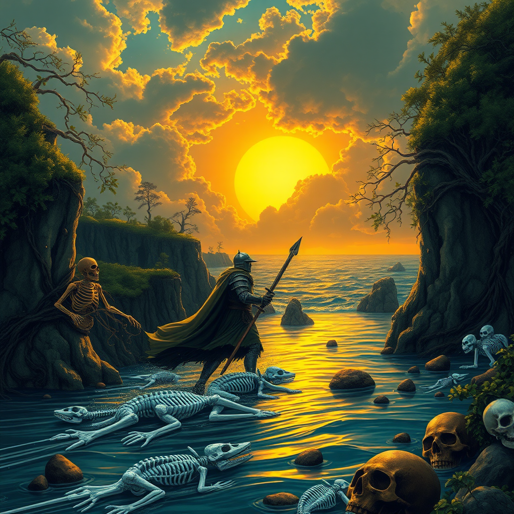 knight on a river surrounded by cliffs with foliage, trees, hanging vines and dead skeletons and armor from dead warrior from a long ago battle, in the background the ocean in a sunset with a big sun and dramatic clouds