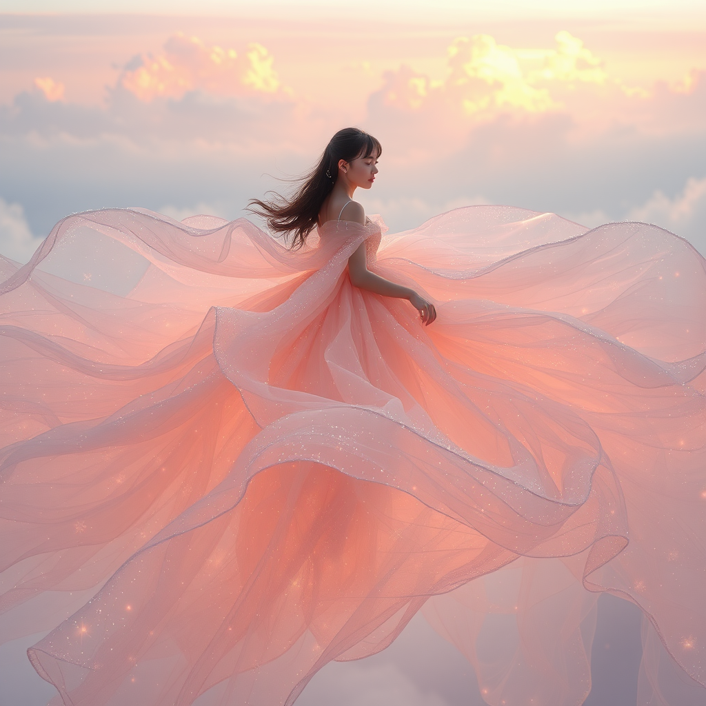 In a dreamlike realm where reality melds with fantasy, a girl floats serenely in a vast expanse of mesmerizing fabric. She is enveloped in an extraordinarily large dress, its countless layers of gossamer material billowing around her like soft, undulating ocean waves, catching the faintest breath of a breeze. Each delicate layer is adorned with shimmering threads that twinkle like distant stars, reflecting an array of pastel hues—pinks, blues, and silvers—that dance playfully with the light.

Her figure, a silhouette of elegance and ethereal charm, exudes an air of calm serenity. The intricate folds of the dress create a breathtaking tableau, invoking images of drifting blossoms carried by the wind. As she gently sways, the fabric rustles softly, a whispering sound that harmonizes with the distant echoes of nature. The backdrop is a surreal twilight, where soft, glowing clouds float gracefully, illuminated by a gentle, warm light that seeps through the translucent fabric, bathing the scene in an almost mystical luminescence.

The atmosphere is tranquil yet alive, filled with the scent of fresh blossoms and a hint of ocean breeze, as if she is both part of a dream and the awakening of a world untouched by time. As she drifts deeper into this soft sea of fabrics, her expression radiates a mix of wonder and peaceful introspection, embodying both grace and the freedom of unrestrained flight in an enchanting, enchanted landscape.