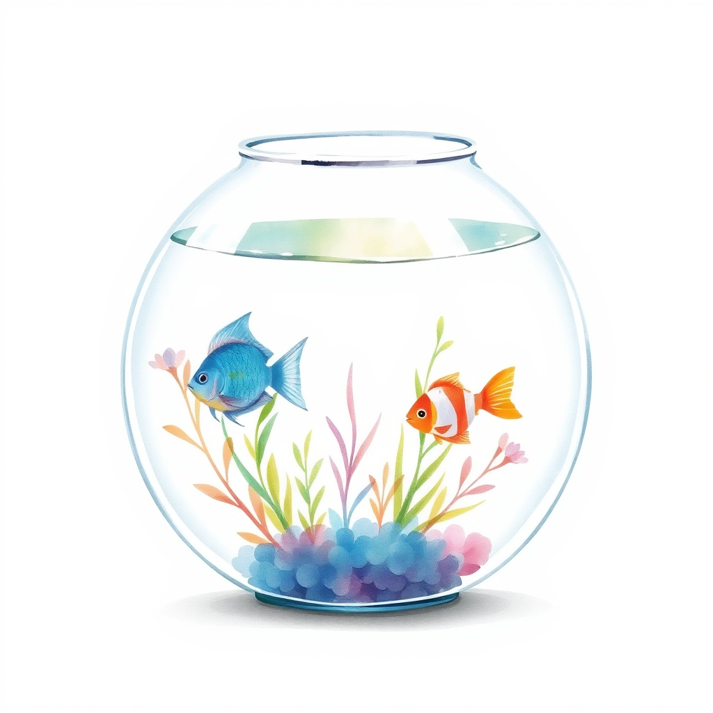 Tight watercolor, glass fishbowl containing tropical fish, white background, few details, dreamy, Studio Chibi