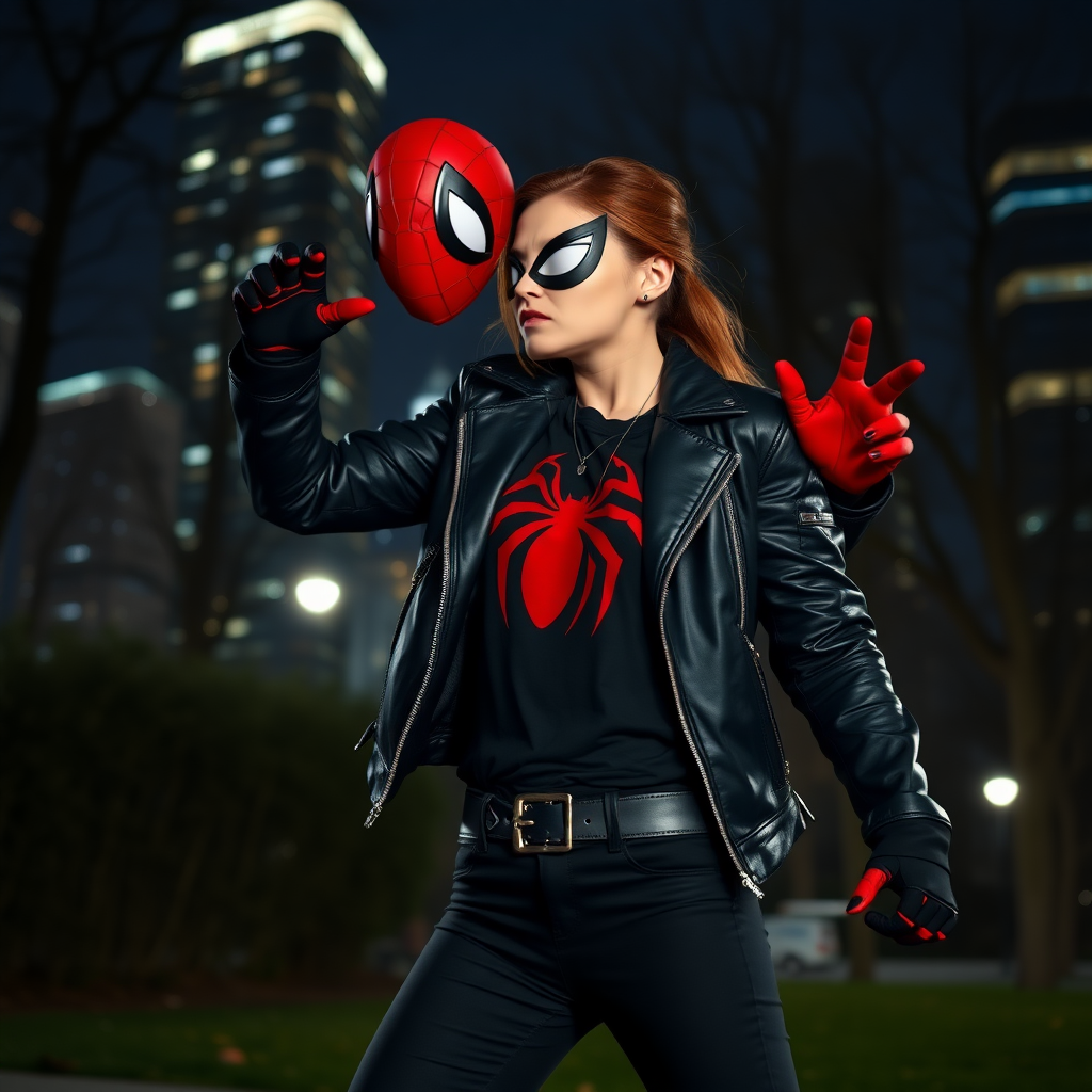 A beautiful angry female burglar in black leather jacket over black t-shirt with black pants and gloves slaps Spider-Man in the face in Manhattan park at night.