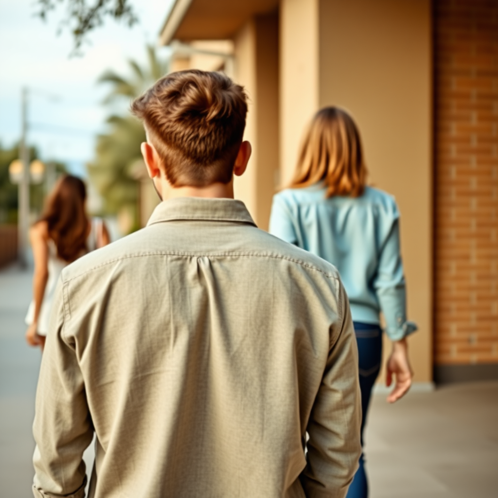 Picture of a 30 year old man who's crying while a beautiful 30 year old woman walks away from him. You see the woman's backside walking away from the man.