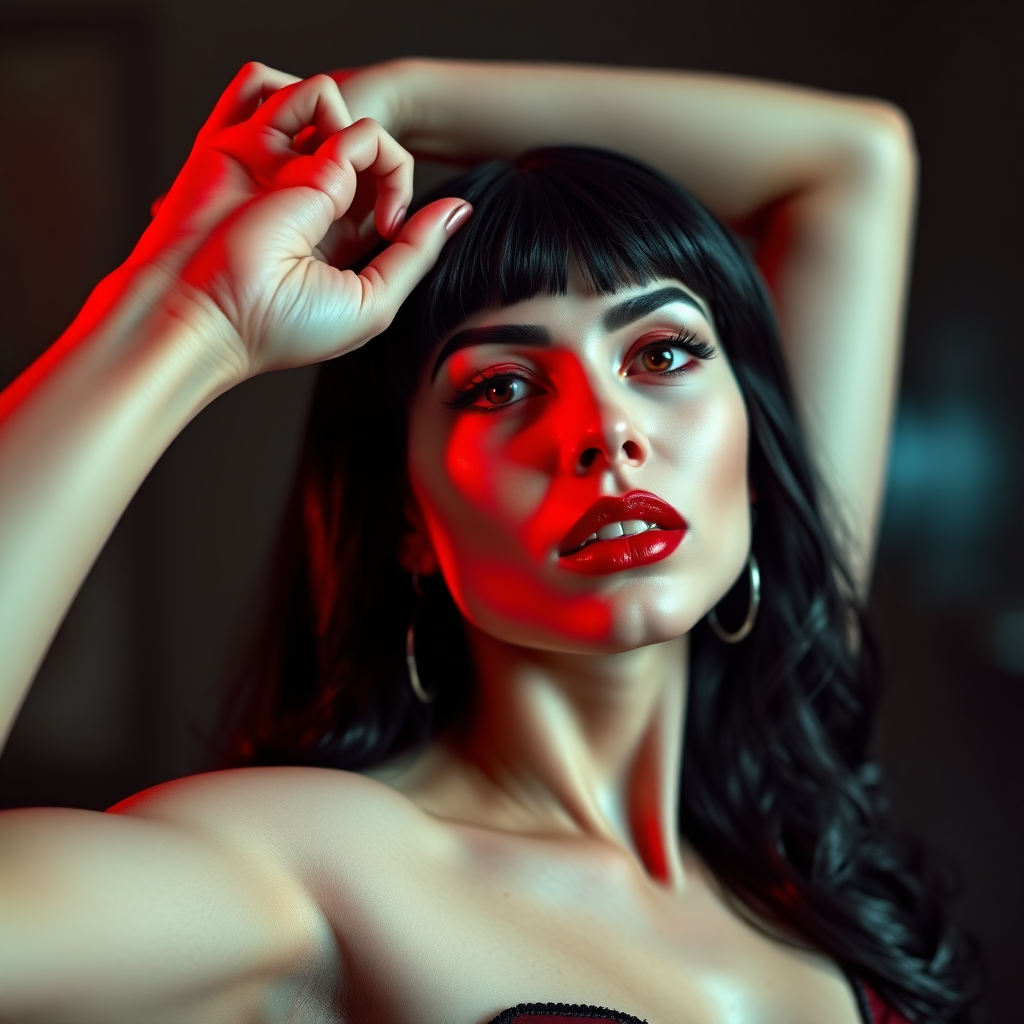 Create a HQ photographic image of Vampirella re-imagined in real-life. She is facing the viewer and is captured by a high quality SLR Camera. Her arms are raised high over her head.