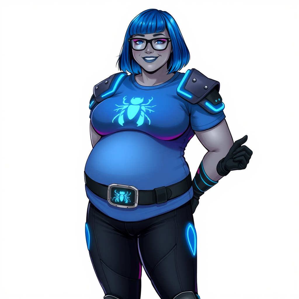 A 28-year-old, full-figured, middle gray skinned computer program hybrid with a maximum blue bob cut. She has a non-athletic build, highlighted by a prominent, round, large midsection (with heavy emphasis on her belly). As a digital sidekick, computer hacker, and nerdy girlfriend to her cyberpunk vigilante boyfriend, her middle gray metallic skin and maximum blue lipstick emphasize her digital nature. She wears a digital, computerized costume consisting of a gargantuan, tight-fitting, maximum blue t-shirt with a neon blue beetle chest icon, hi-tech shoulder pads with neon blue accents, a black belt with a digital neon blue glowing beetle buckle, black biker pants with neon blue glowing accents, and black hi-tech gloves with neon blue glowing accents. Her bright blue eyes, black eyeglasses, and lovestruck smile with neon red blush accentuate her nerdiness. She stands bashfully with her hands behind her back, her costume covering all her skin and emphasizing her full-figured physique (especially her belly). She is clearly non-athletic, with a focus on her full-figured physique. Despite her build, she radiates beauty. She is on a solid white background. She is drawn as if she was in a retro 2D cyberpunk fighting game.