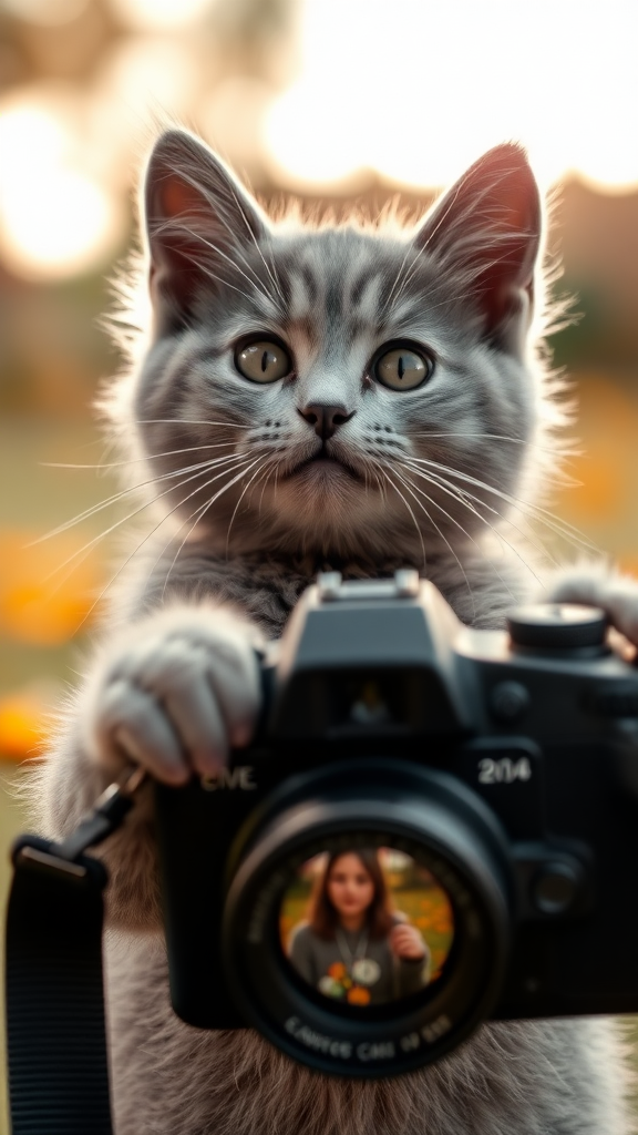 The gray kitten is taking photos with a camera.