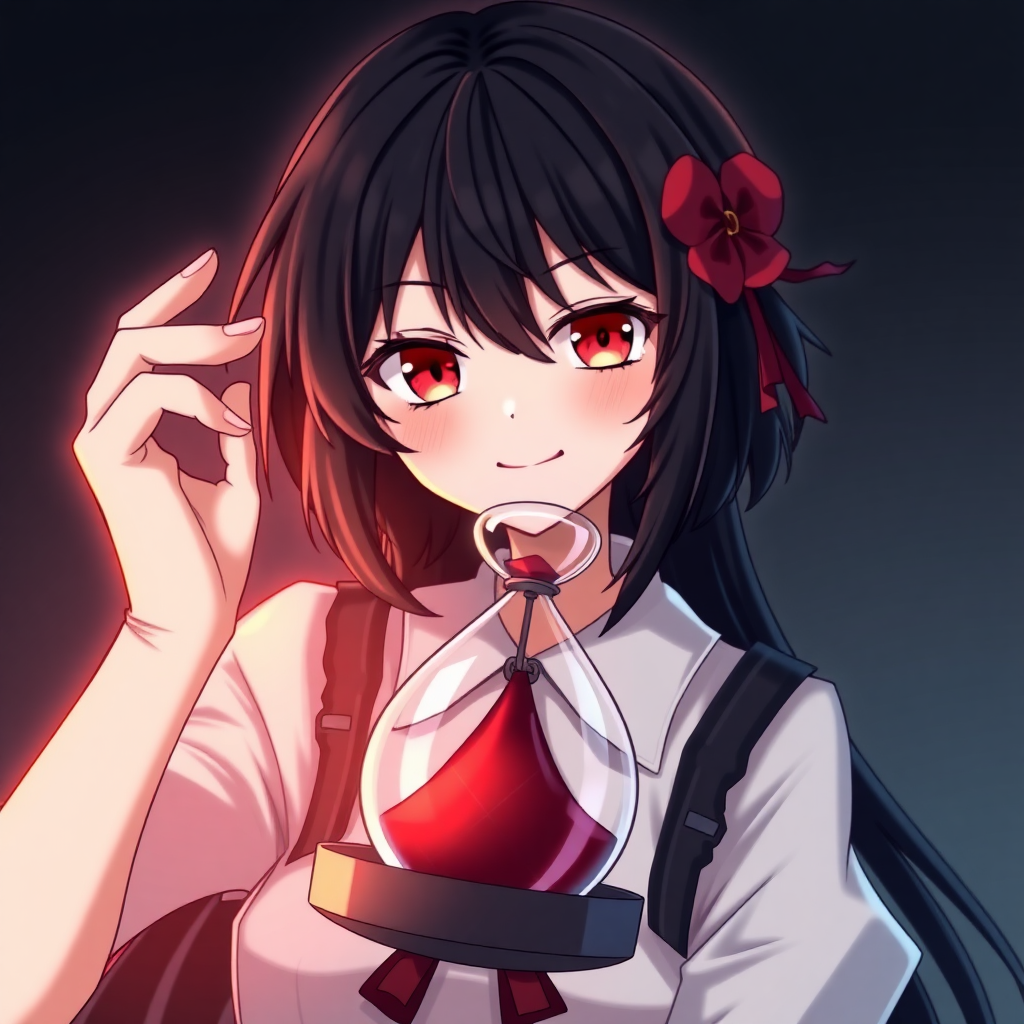 An anime girl with black hair and red eyes is wearing an hourglass. She has a smile like a villain.