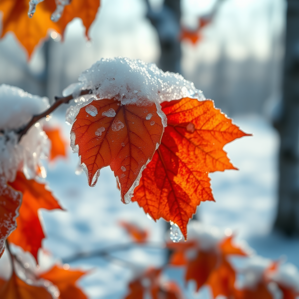 close-up of vibrant autumn leaves encased in glistening ice, delicate droplets hanging from the edges, set against a soft, snowy background with blurred tree trunks. the scene captures a tranquil winter landscape with a cool color palette of blues, whites, and warm amber tones of the leaves. the light softly reflects off the ice, creating a serene, hyperrealistic aesthetic that emphasizes the intricate details of the leaf veins and crystalline structures.