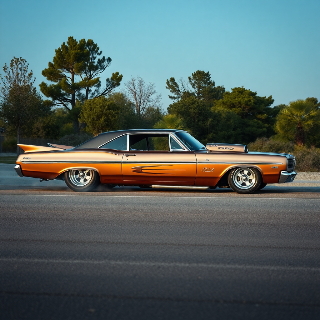 the drag car is parked on the side of the road, inspired by Taiyō Matsumoto, tumblr, restomod, nd4, c4 metallic shine classic american low rider custom ford