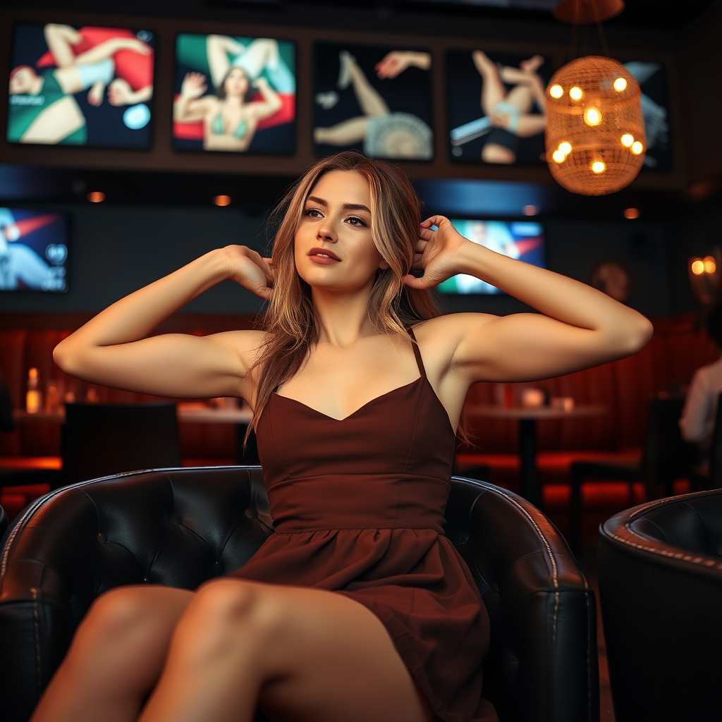 a nordic girl in a short dress sitting in a lounge bar, raising her arms to show armpits, camera angle from below