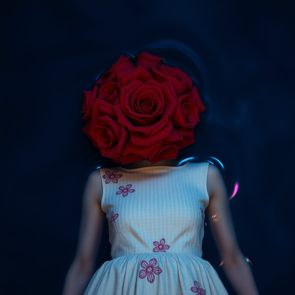 A red rose bouquet head, no human, front view, wearing a white textured dress with pastel minimal floral print design, closeup shot, hyperrealistic, lying inside water with blue and pink effect, nighttime, dark