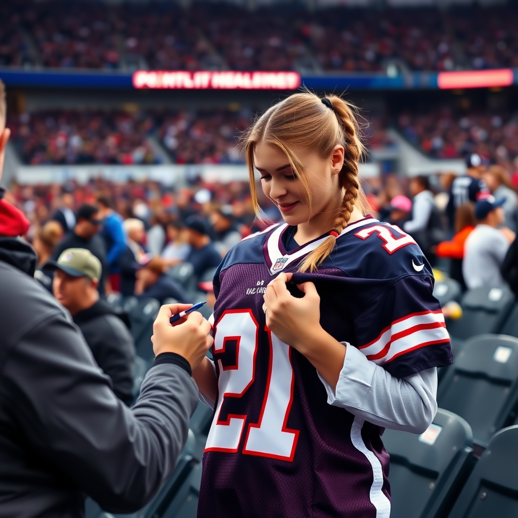 Attractive female NFL fan, pigtail hair, inside crowded bleacher row, holding a spare jersey, asking a player to write an autograph on the spare jersey, in NFL stadium.