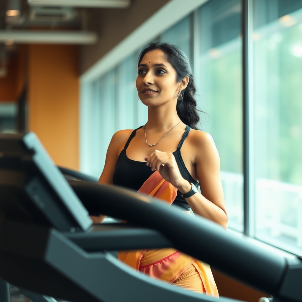 Indian wife, working out on treadmill in gym