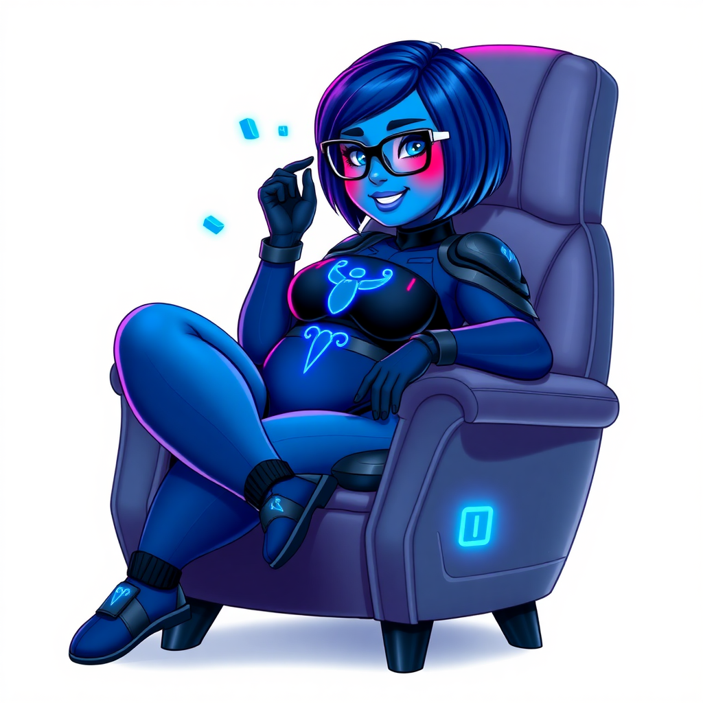 A heavily, extremely, and intensely pampered nerdy full-figured middle blue skinned digital sidekick, a 28-year-old computer major, has been transformed by her doting vigilante boyfriend. Her middle blue skin and bob cut seamlessly integrate with her data, and her neon blue eyes glow with intelligence. Her physique, now showcasing a gargantuan round midsection, massive limbs, and broad shoulders, contrasted by a slim face, clearly reflects her indulgence and pampering. Her full figure is prominently highlighted, with her gargantuan, rounded midsection and massive limbs emphasizing her pampered status. As the loyal and supportive sidekick, she plays a crucial role in their missions, using her digital prowess to assist and protect.

She wears a digital, computerized maximum blue bodysuit, featuring a glowing neon blue beetle chest icon and matching high-tech gloves. She bashfully giggles with a neon red blush, emitting neon blue data cubes from her body. Her full figure, now even more plump and heavily emphasized by her nerdy appearance, clearly shows how pampered she is. Her nerdiness is accentuated by her black oversized eyeglasses.

Her outfit, influenced by DC’s Jennifer Knight Phantom Lady, remains distinct. Adding to her pampering, she serves as his minicomputer, traveling in his high-tech wristwatch and supercar’s computer system. Using her ability to hack into computers and machines, she relays crucial knowledge relating to his missions.

In her new pose, she sits comfortably on a plush, high-tech chair with one leg crossed over the other, her oversized glasses slightly askew as she adjusts them with a bashful smile. Her relaxed posture and content expression, combined with the glowing data cubes around her, clearly reflect her status as a heavily pampered, nerdy digital sidekick. Her gargantuan, rounded midsection and massive limbs are prominently displayed, emphasizing her indulgence and pampering while maintaining her nerdy physique. She is on a solid white background. She is drawn as if she was in a retro 2D cyberpunk fighting game. Ensure her skin tone is distinct from Inside Out's Sadness and any other character.