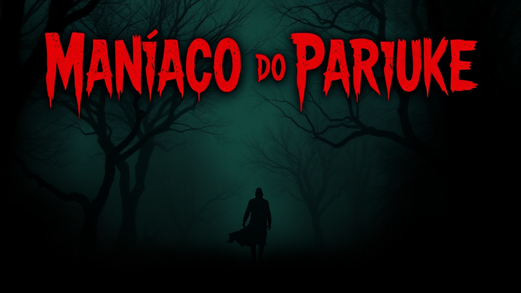 Create a YouTube thumbnail (1024x576) featuring a dark, foggy park scene. In the foreground, a shadowy figure lurks among twisted trees, creating a sense of dread. Use a gradient background of deep greens and blacks to enhance the eerie atmosphere. Place the title 'Maníaco do Parque' prominently at the top in a bold, horror-style font with a blood-red outline for emphasis. Add subtle textures like cracks or shadows to create depth, ensuring the overall design conveys a sense of psychological horror.