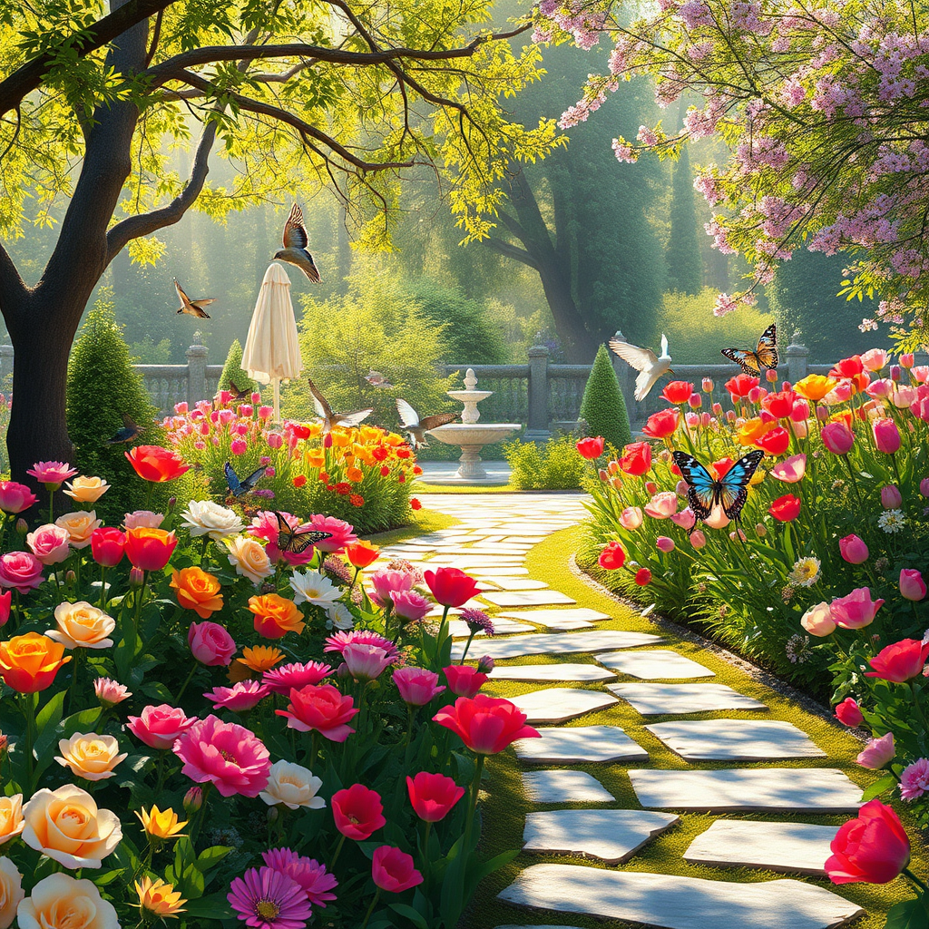 (bright, tranquil garden scene, filled with vibrant flowers and soft sunlight) (best quality), (masterpiece), (ultra-detailed), (vivid colors, calming atmosphere), a beautifully landscaped garden stretches out, filled with a variety of flowers in full bloom, from roses to tulips. The sunlight filters through the trees, casting soft, warm shadows on the stone pathway that winds through the garden. Birds flutter from branch to branch, singing softly, and a small fountain gurgles quietly in the background. The scene is serene and peaceful, with gentle breezes swaying the flowers and a sense of calm washing over the space. Butterflies flit from petal to petal, and the air is filled with the sweet scent of blooming flowers.