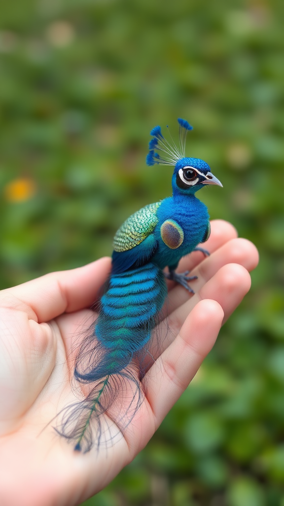 A small tiny cute big eyes big tail blue peacock on hand