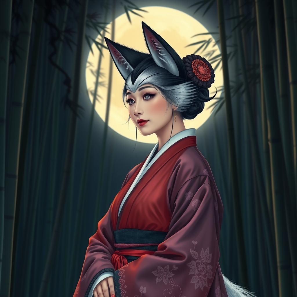 A Korean kitsune Woman in an ancient Hanbok in front of the full moon in a bamboo forest.