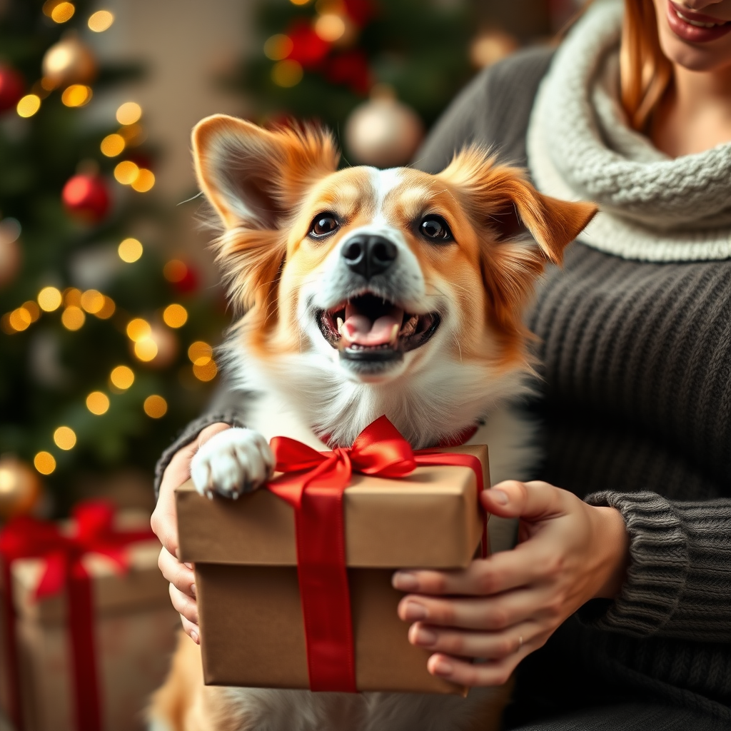 The dog was very happy to receive a gift at Christmas. A woman was holding the dog, and the gift box had no lid, more realistic.