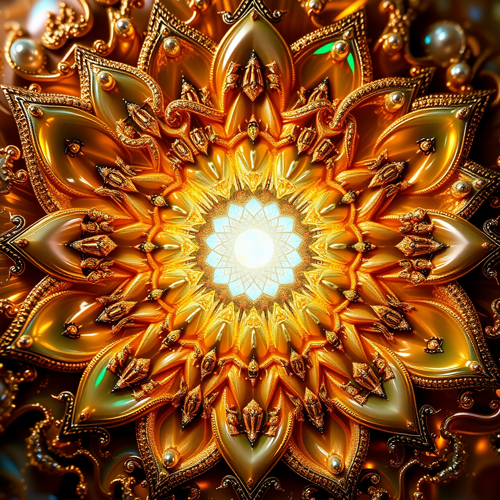 abstract pottery, mandelbulb fractal, sacred geometry, ultra-detailed, dynamic composition, artistic photograph, fractal, brilliant colors, glittering, illumination, transparency, translucent, opal, gold, romanticism, sharp focus, floral, mother of pearl, iridescent, jewelry