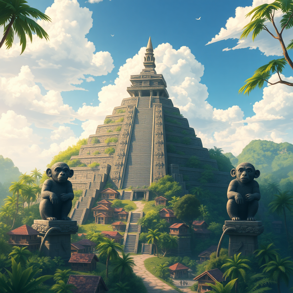 A visually stunning depiction of an anime-style landscape featuring a lush jungle realm, characterized by an ancient Mayan-inspired city filled with residences made of stone bricks. Dominating the scene is a colossal pyramid temple, flanked by two impressive stone monkey statues.