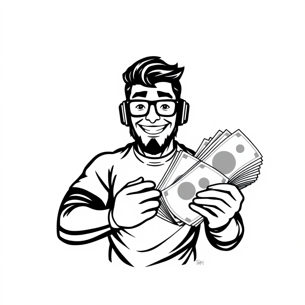 A logo art of a Computer guy holding lots of money. Black and white