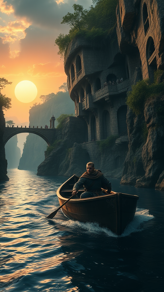 an epic cinematic low camera angle of a wounded scarred knight in a small wooden boat navigating a precarious river with imposing cliffs with embedded ruins rock formations and rock overhangs and bridges, overgrown with nature embedded ruins, hanging vines foliage, trees, and sporadic dead skeletons and armor from dead warriors the cliffs reveal background the ocean in a sunset with a big sun and dramatic clouds