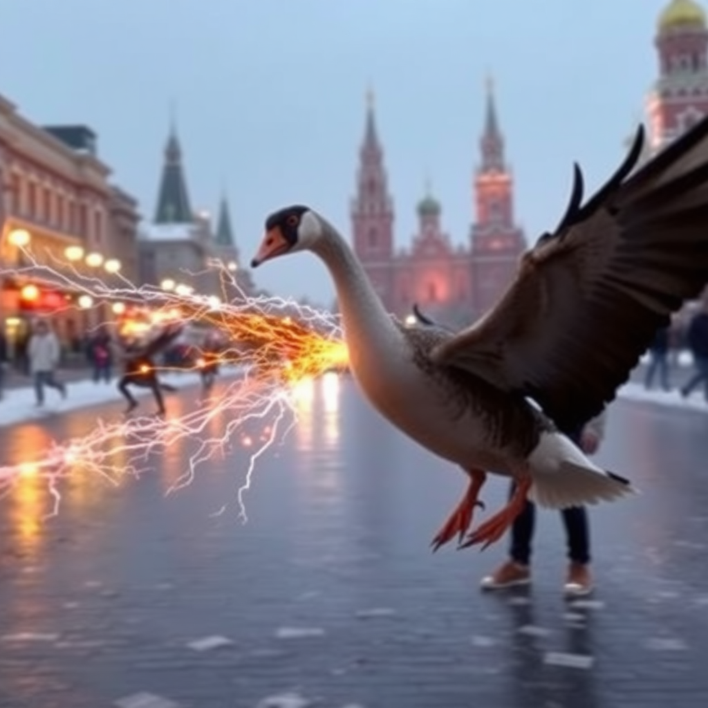 Electric Goose dragon hybrid attacking Moscow, news footage