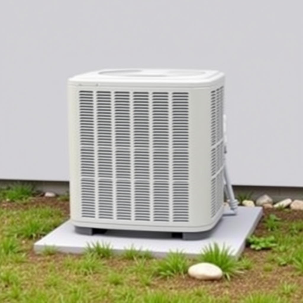 A simple, realistic image of a standard residential outdoor air conditioning unit or condenser. The unit should be placed on a flat surface, such as a concrete pad, and surrounded by some basic landscaping elements like grass, small shrubs, or rocks. The unit should be a neutral color like white, beige, or gray. The image should have a plain, uncluttered background to serve as a generic photo.